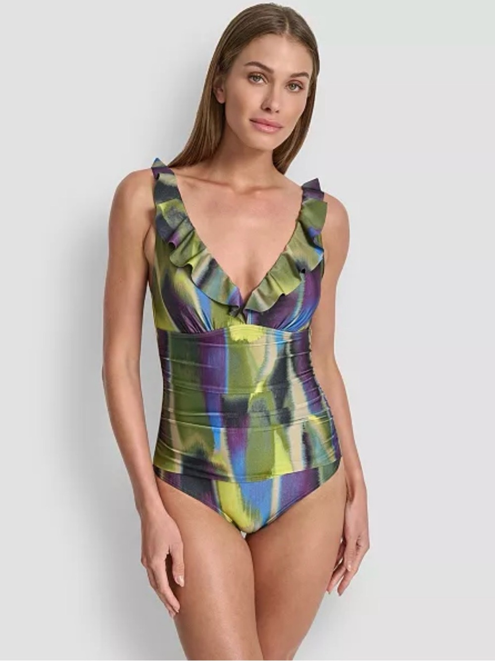 NWT DKNY Ruffle V-Neck One-Piece Swimsuit Bathing Suit Multicolor L - Picture 1 of 12
